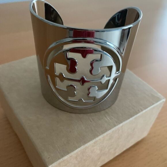 TORY BURCH Wide Open Cuff Bracelet Cut Out Logo Polished Finish Silver Tone - Picture 1 of 5